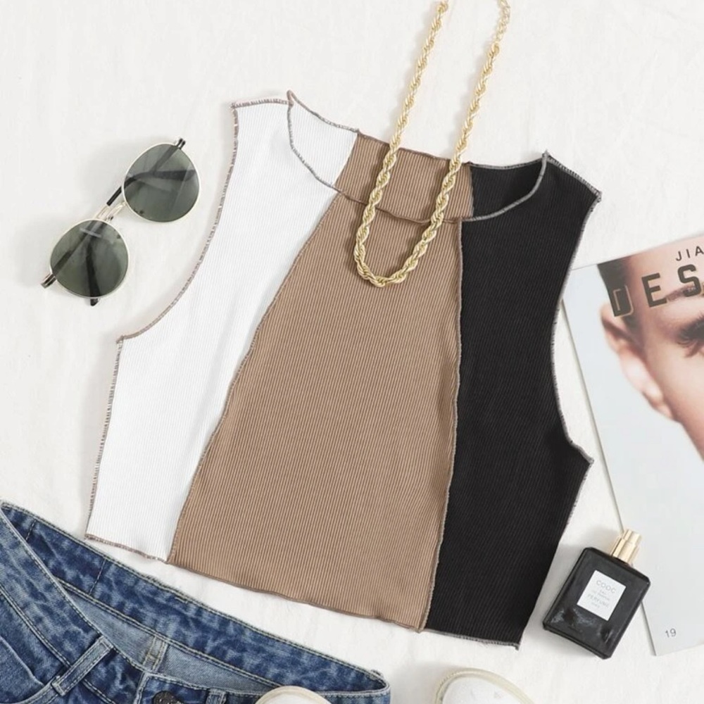 Stitch trim rib knit colorblock tank top